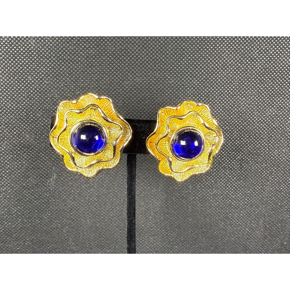 Two Sisters Gold Floral Clip‑On Earrings – Layered Petals & Blue Cabochon Center